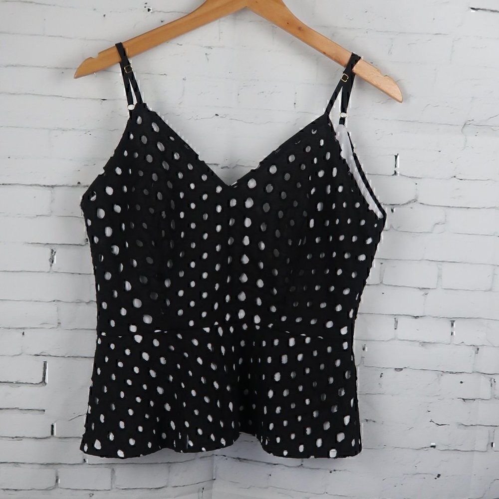 MARINEBLU BLACK WITH WHITE POLKA DOT SPAGHETTI STRAP V NECK PEPLUM CROP TOP